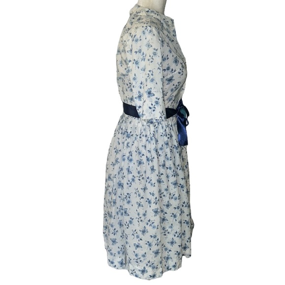 The Villager Vintage 60s Blue White Butterfly Floral Belted Button Down Dress XS - Picture 4 of 10